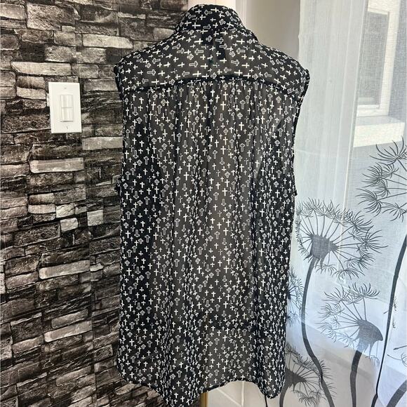 FUN & FLIRT Semi-Sheer Blouse Black W/ White Crosses Religious Punk Grunge Goth - Picture 5 of 8